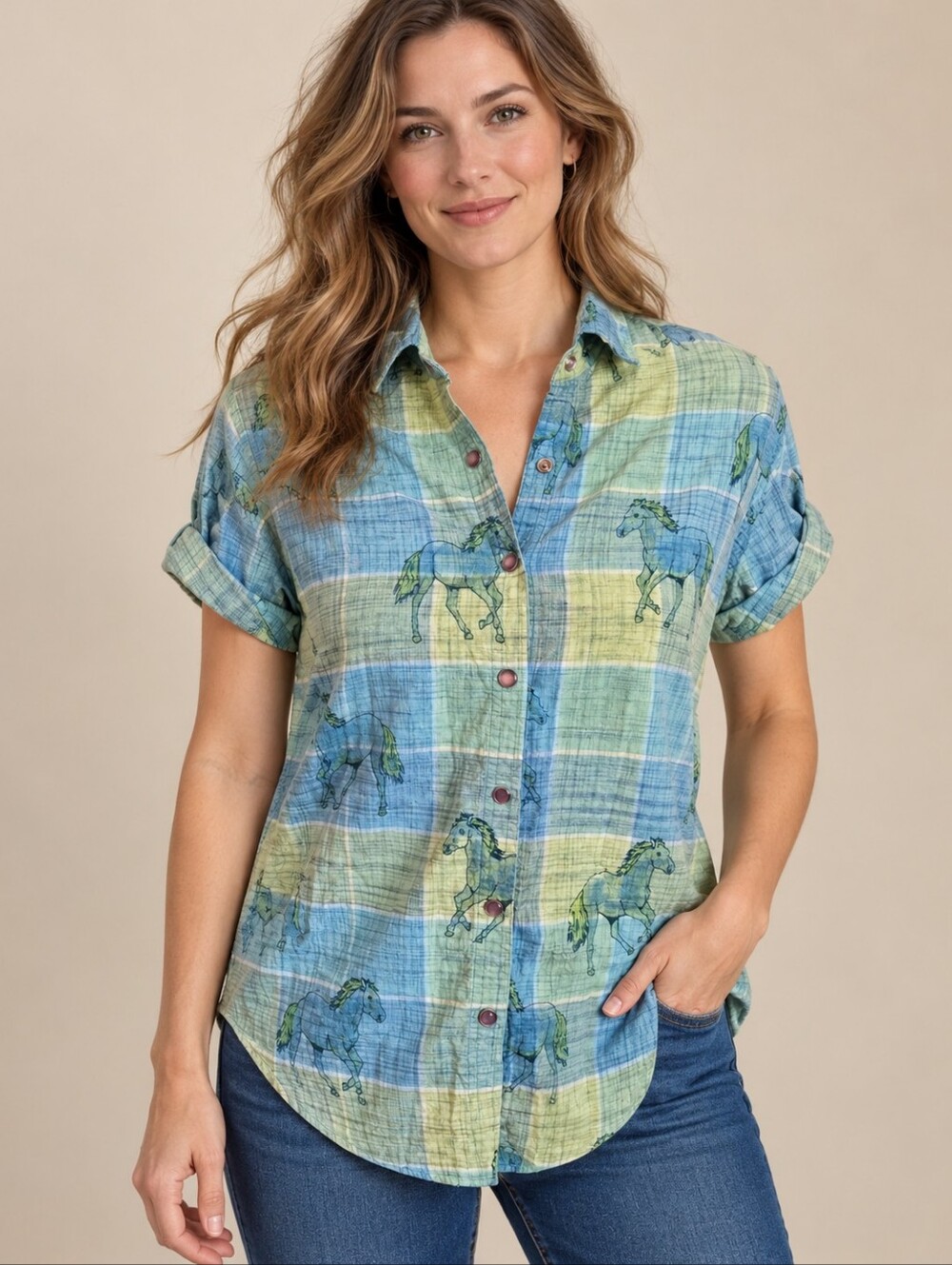 Women's Plaid Horse Print Shirt